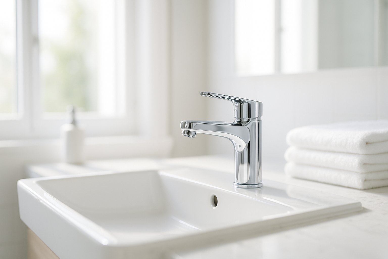 Baño moderno y luminoso con llave cromada reluciente sobre un lavabo blanco instalado por BlueLine Plumbing