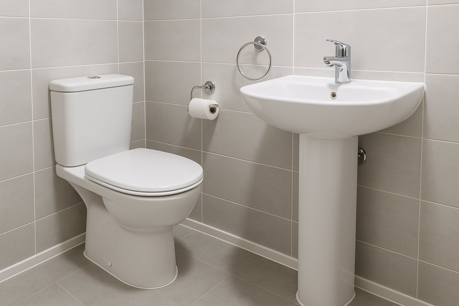 Baño renovado con taza y lavabo de cerámica blanca recién instalados y llaves cromadas nuevas