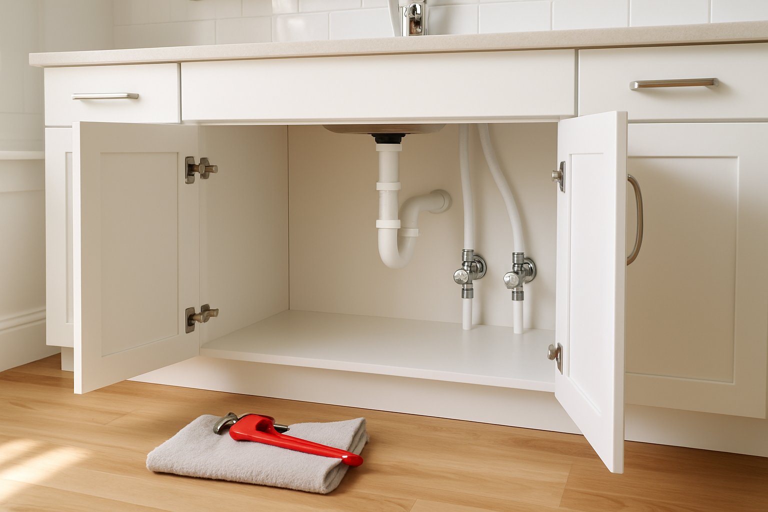 Gabinete bajo el lavabo con líneas de agua PEX nuevas y válvulas de paso relucientes